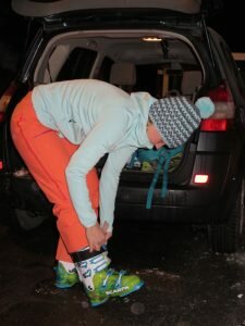 Sophie gearing up at the car